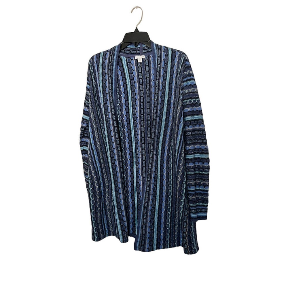 J Jill Cardigan Women’s M Blue Print Striped Open Front Mid Length Cotton Blend